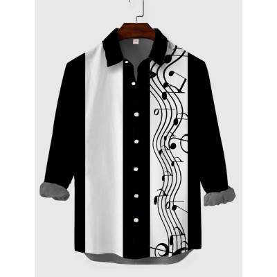 Retro Black & White Stripe Wavy Sheet Music Printing Men's Long Sleeve Shirt